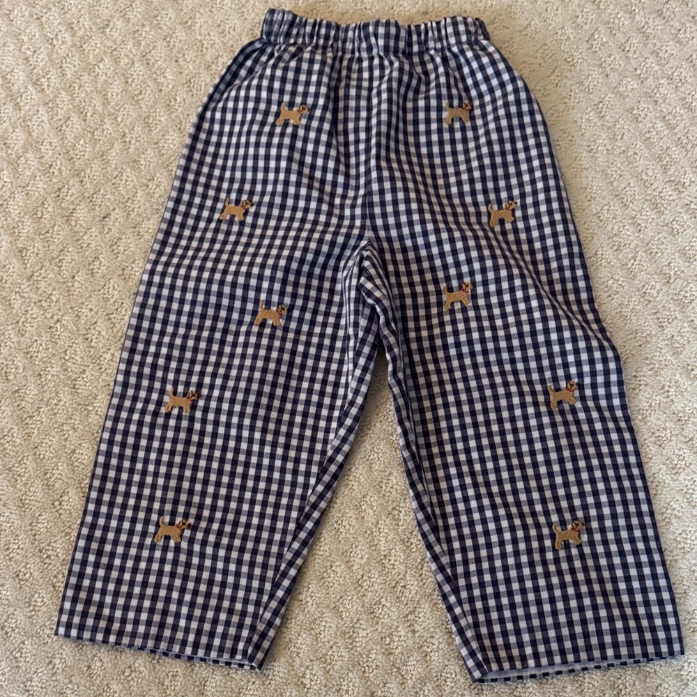 Kids Navy Gingham Dog Embroidered  Pants